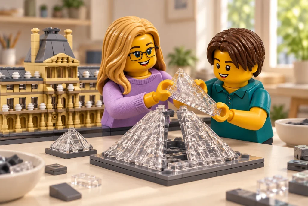 Une adulte et un adolescent tiennent ensemble un panneau transparent triangulaire au-dessus d’une pyramide incomplète, dans une scène de construction imaginaire.