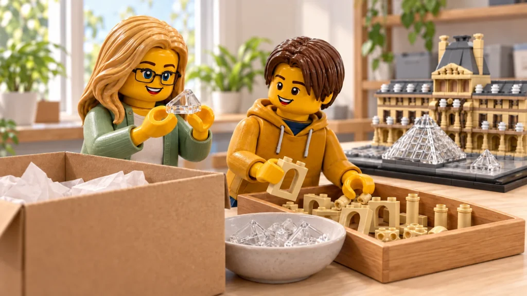 Une adulte examine une petite forme pyramidale transparente tandis qu’un adolescent trie des fenêtres arquées et des supports beiges, près d’une maquette du Louvre, dans une scène imaginaire de préparation du don.
