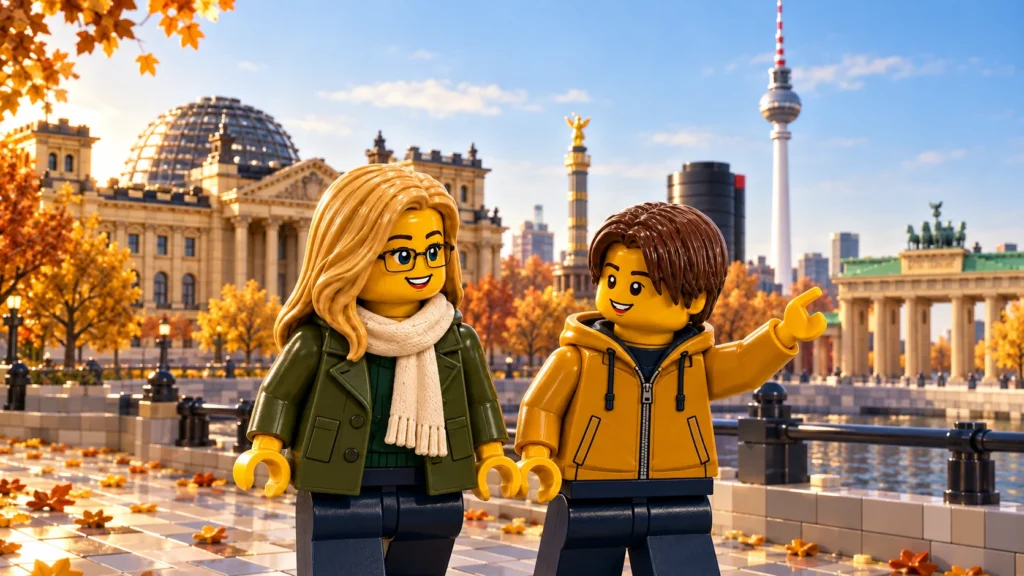 Un adolescent lève la main vers les monuments tandis qu’une adulte le regarde sur une promenade d’automne, dans une ville imaginaire inspirée de Berlin.