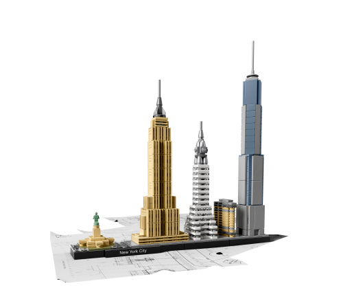 LEGO Architecture New York City 21028 : Statue de la Liberté miniature, Empire State Building beige, Chrysler Building blanc, Flatiron étroit et One World Trade Center bleu gris sur un socle noir.