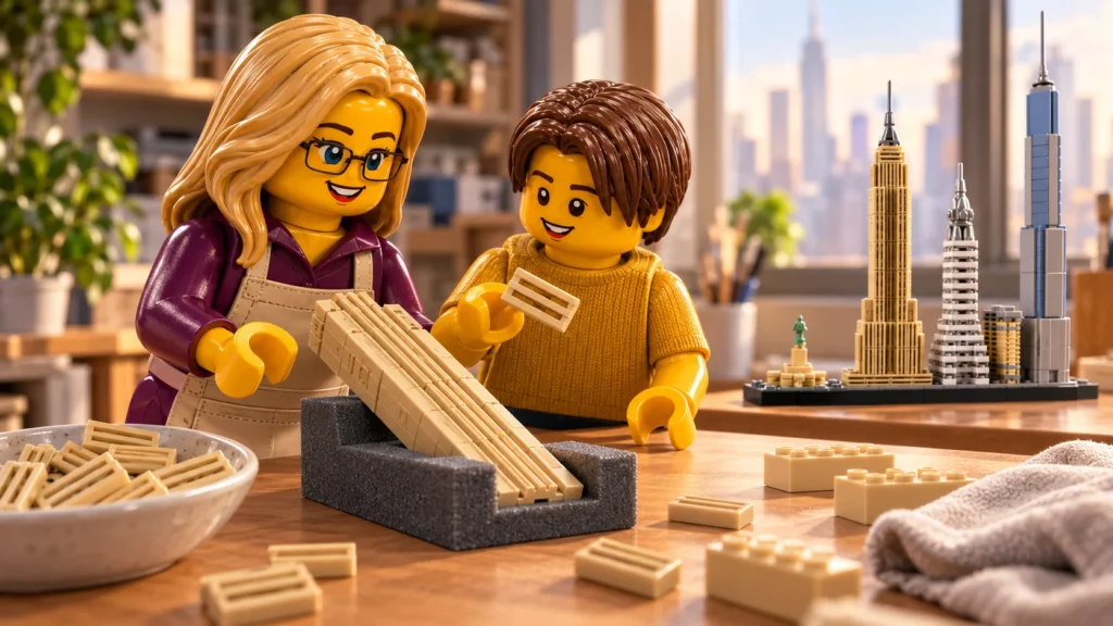 Un adolescent tient une grille beige près d’un panneau strié posé sur un support et une adulte observe le détail, dans un atelier imaginaire inspiré de New York.