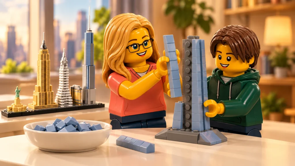 Une adulte présente une bande bleu sable contre un noyau de tour qu’un adolescent maintient, dans une construction imaginaire inspirée du One World Trade Center.