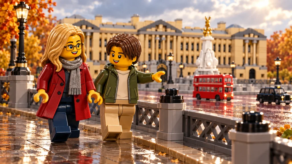 Une adulte et un adolescent marchent près des grilles tandis que l’adolescent montre un bus rouge devant une façade de palais, dans un Londres imaginaire en briques.