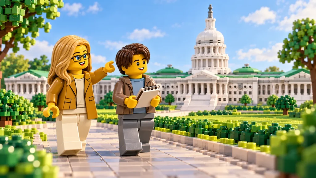 Une adulte montre le Capitole à un adolescent, qui tient un carnet blanc, dans un Washington imaginaire en briques.