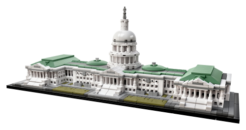 LEGO Capitole des États-Unis 21030 : longue façade blanche à colonnades, deux ailes à toitures vertes et grand dôme central couronné d’une petite statuette grise, sur un socle noir.