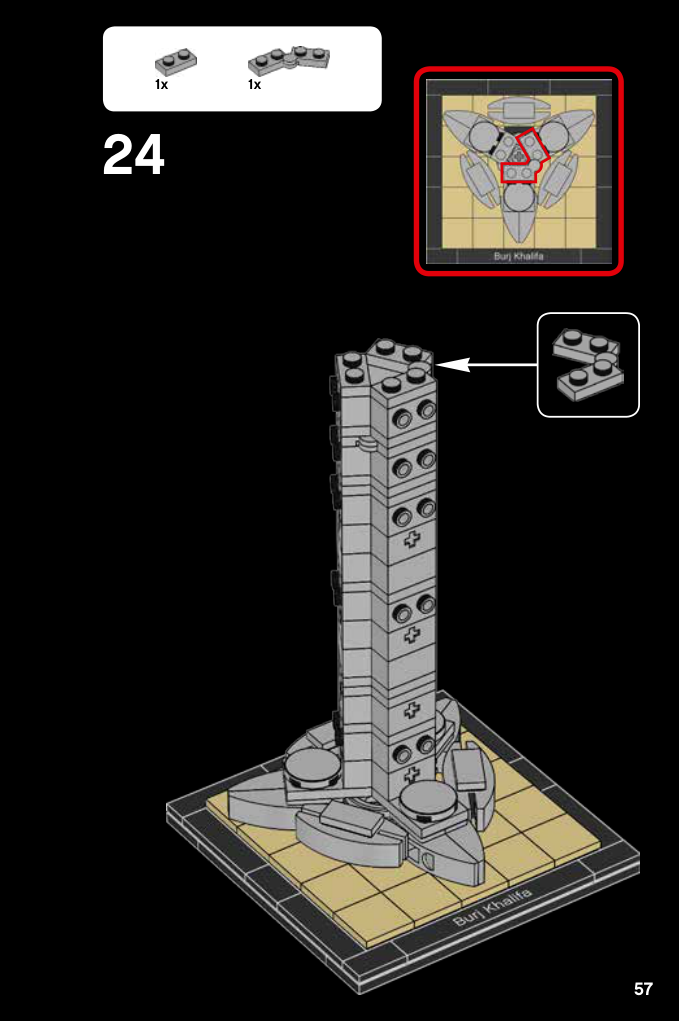 Notice Burj Khalifa 6141907 page 57, étape 24 : noyau gris à tenons latéraux, ajout d’une plate et d’une charnière, avec une vue en plan de l’orientation des trois branches.