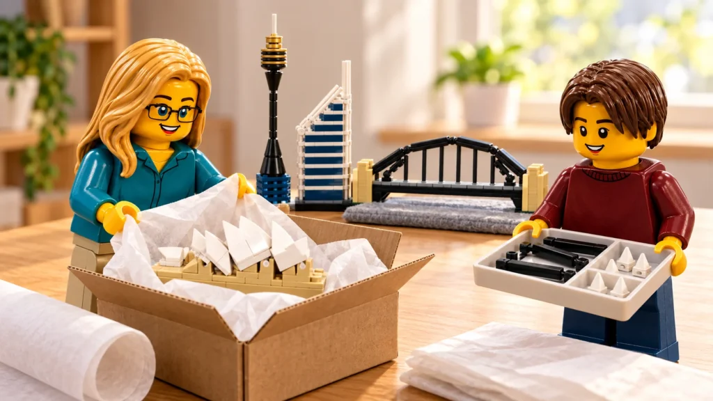 Une adulte en blouse turquoise protège un Opéra miniature avec du papier dans un carton, tandis qu’un adolescent en pull bordeaux tient un plateau de barres noires et de petites pièces blanches, dans une préparation imaginaire du don.