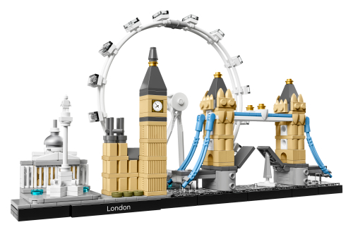 LEGO Londres 21034 : National Gallery et colonne Nelson blanches, tour beige à horloge, cercle blanc du London Eye et deux tours de Tower Bridge reliées par des passerelles bleues, sur un socle noir.