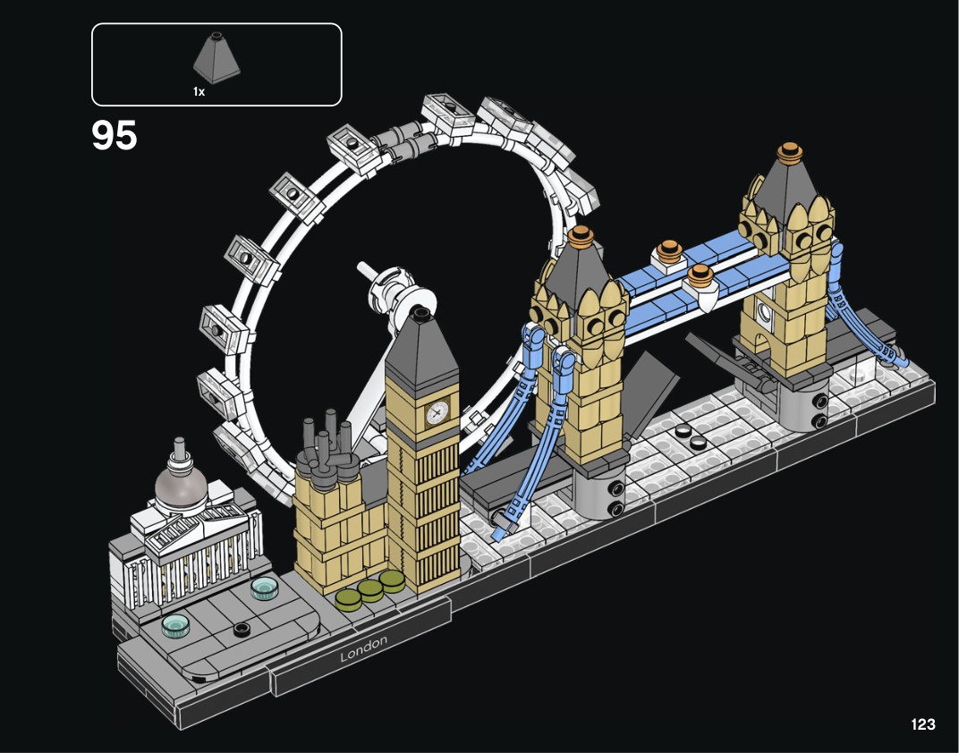 Notice Londres 6532388 page 123, étape 95 : toit gris posé au-dessus de la brique d’horloge, avec le London Eye en cercle et les courbes Medium Blue de Tower Bridge déjà visibles.