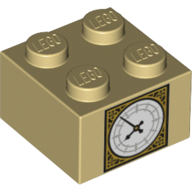 Brique beige 2 × 2 imprimée d’un cadran d’horloge, référence Rebrickable 3003pr0103, Tan RB 19, élément LEGO 6175701.