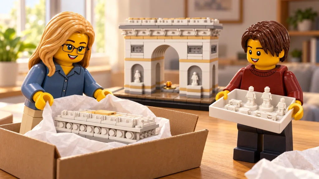 Une adulte en blouse bleue protège un couronnement blanc dans un carton, tandis qu’un adolescent en pull rouge tient un plateau de statuettes et de petites pièces blanches, dans une préparation imaginaire du don.