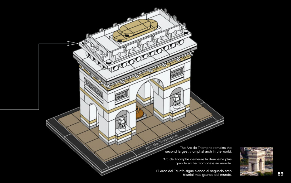 Notice Arc de Triomphe 6205215 page 89 : pose finale du couronnement sur le monument, avec terrasse blanche, pourtour décoré de bases de charnière et volume beige allongé au centre.