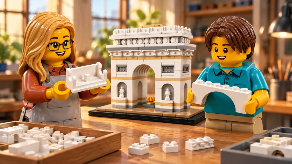 Dans un atelier imaginaire, une adulte en tablier présente une base de charnière blanche agrandie et un adolescent en polo turquoise tient une grande arche blanche, devant le monument miniature.