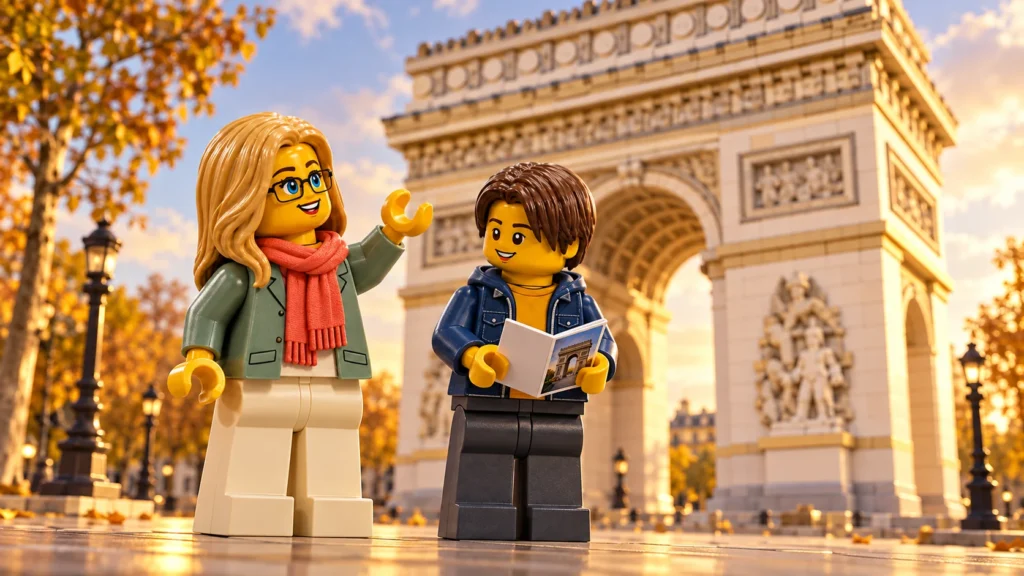 Une adulte en manteau sauge et écharpe corail lève une main en C vers l’Arc de Triomphe, tandis qu’un adolescent en veste bleue tient un guide, dans une promenade parisienne imaginaire.