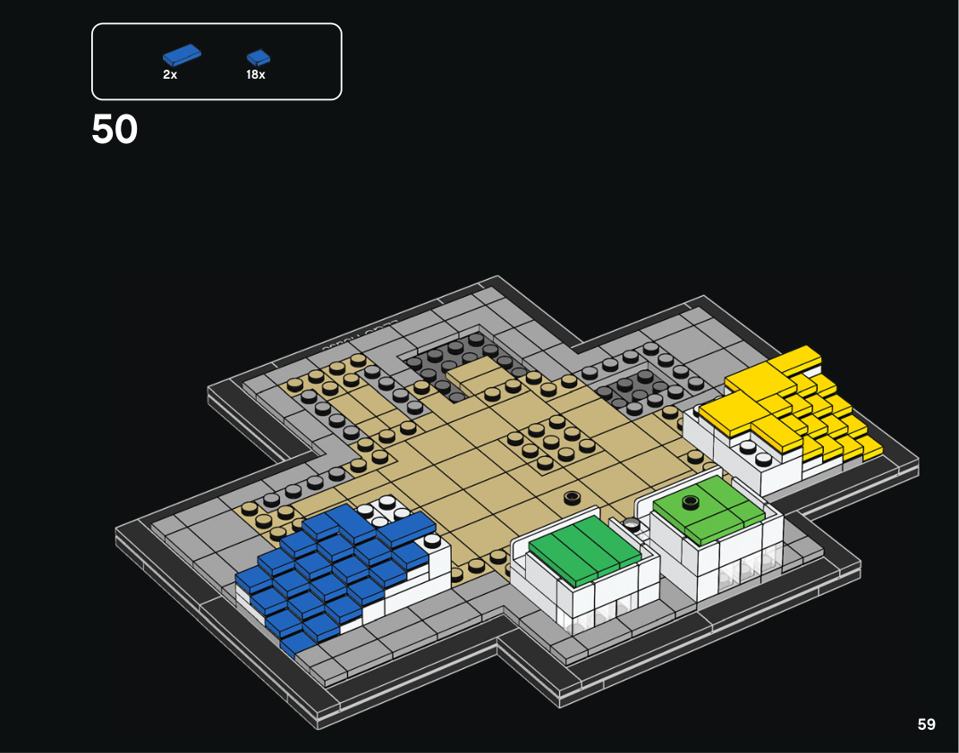 Notice LEGO House 6532389 page 59, étape 50 : dix-huit tuiles bleues 1 × 1 et deux tuiles 1 × 2 sont ajoutées à un escalier, avec deux petits volumes verts et un escalier jaune déjà montés.