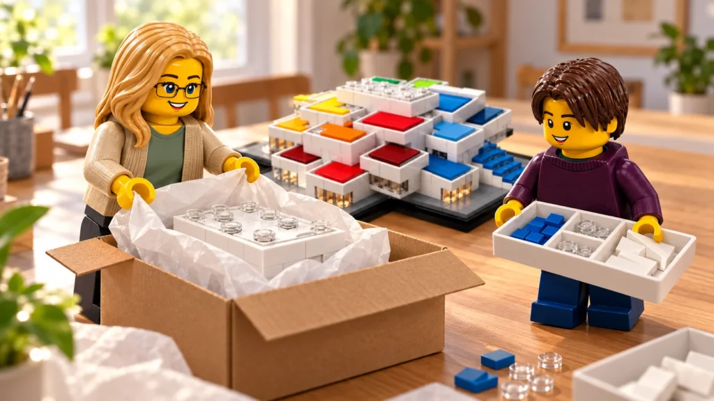 Une adulte en cardigan beige protège un module blanc dans un carton, tandis qu’un adolescent en pull prune porte un plateau de tuiles bleues, de disques transparents et de pièces blanches, dans une préparation imaginaire du don.