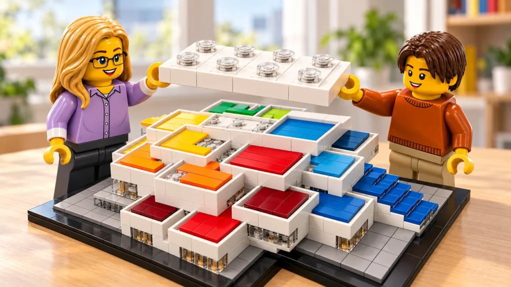 Une adulte en chemise violette et un adolescent en pull orange tiennent ensemble un module rectangulaire blanc à reliefs transparents au-dessus d’une LEGO House imaginaire aux toits colorés.