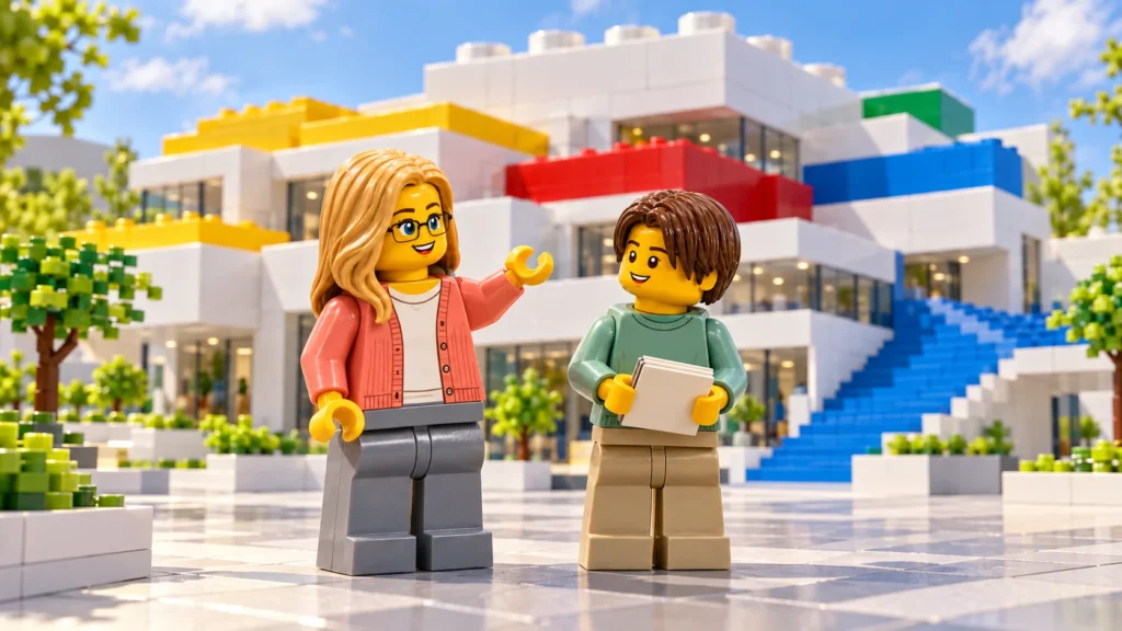 Une adulte en cardigan corail lève une main en C vers des terrasses colorées et un adolescent en pull vert tient un carnet, dans une visite imaginaire inspirée de LEGO House à Billund.
