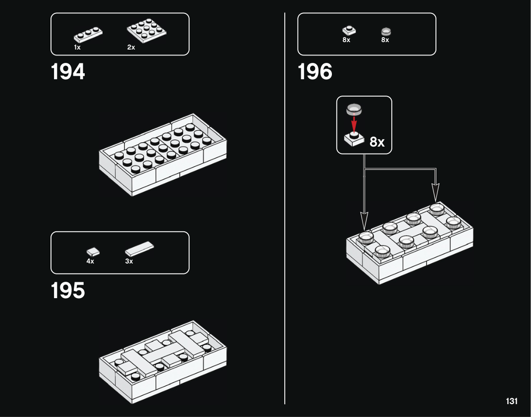 Notice LEGO House 6532389 page 131, étapes 194 à 196 : préparation d’un module rectangulaire blanc et ajout de huit tuiles rondes transparentes sur des supports blancs, en deux rangées.