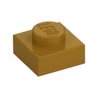 Photographie catalogue d’une plate 1 × 1 dorée avec un tenon, référence Rebrickable 3024 Pearl Gold RB 297, élément LEGO 6069887.