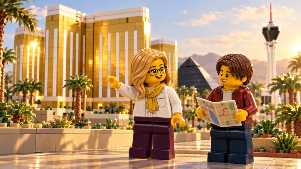 Une adulte en blouse blanche et écharpe jaune lève une main en C vers un hôtel doré, tandis qu’un adolescent en surchemise rouge tient une carte, dans une visite imaginaire de Las Vegas.
