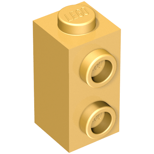 Rendu numérique LDRAW d’une brique dorée 1 × 1 × 1⅔, avec un tenon supérieur et deux tenons sur un côté, référence Rebrickable 32952 Pearl Gold RB 297.