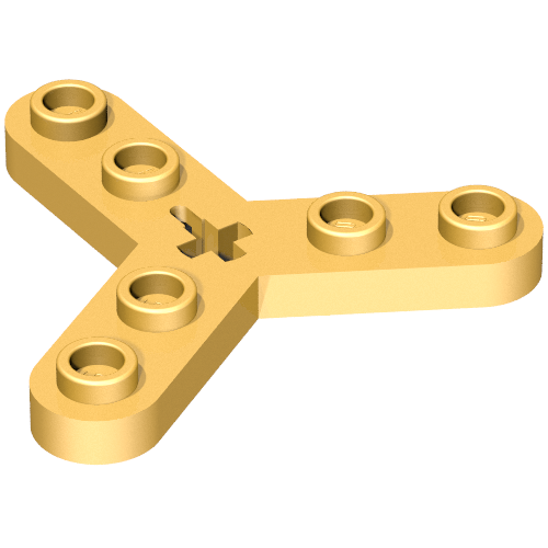 Rendu numérique LDRAW d’un rotor Technic doré à trois branches, six tenons et ouverture centrale, référence Rebrickable 32125 Pearl Gold RB 297.