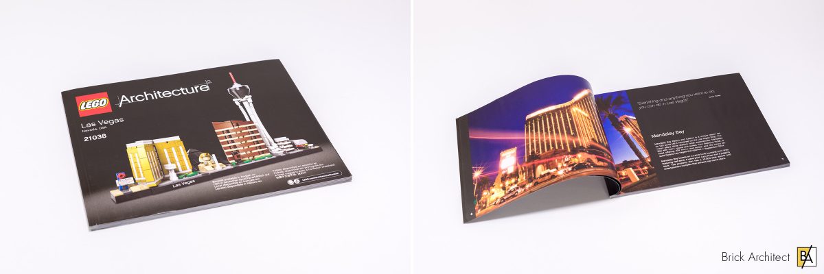 Photographie de Tom Alphin montrant la couverture du livret LEGO Las Vegas 21038 avec Mandalay Bay et une double page ouverte consacrée à cet hôtel.