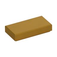 Photographie catalogue d’une tuile lisse 1 × 2 dorée à rainure, référence Rebrickable 3069b Pearl Gold RB 297, élément LEGO 6107197.