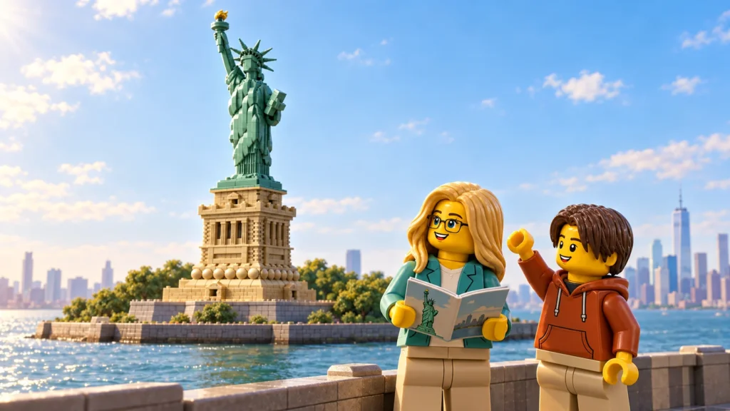Scène imaginaire au bord de l’eau : une adulte, en veste bleu-vert, lit un livre ouvert ; un adolescent, en sweat orange, lève une main en C devant la silhouette de la Statue de la Liberté.
