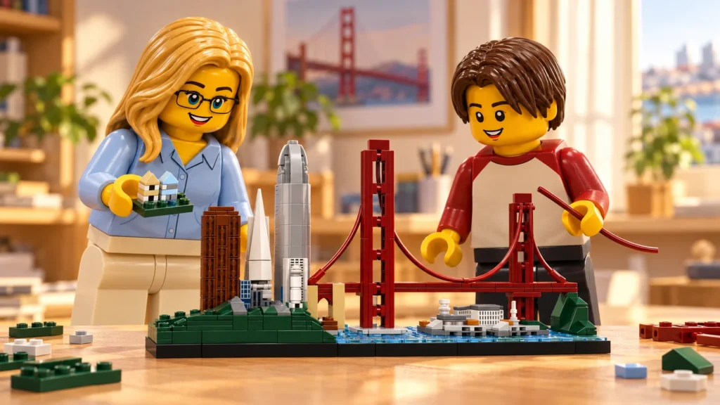 Construction imaginaire : une adulte, en haut bleu pâle et pantalon crème, tient deux petites maisons beige et bleu clair sur une plaque verte ; un adolescent, en haut rouge et crème et pantalon gris, présente un tube rouge courbé à côté d’un pont déjà pourvu de ses lignes de suspension.