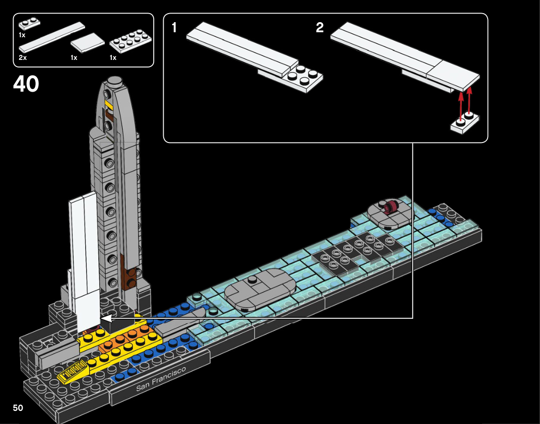 Notice San Francisco 6268875 page 50, étape 40 : assemblage à plat d’un long panneau de tuiles blanches puis pose verticale au flanc du noyau de Salesforce Tower, sur un socle encore en construction.