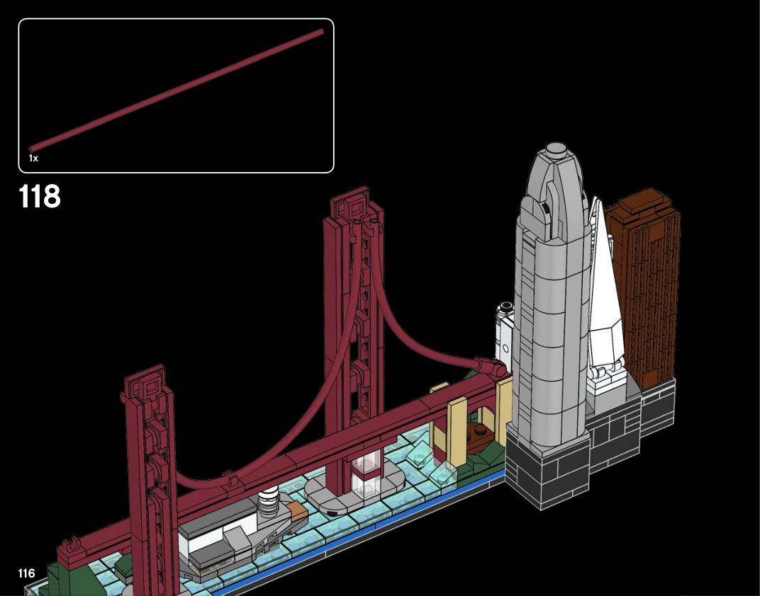Notice San Francisco 6268875 page 116, étape 118 : vue arrière du panorama avec le long tube rouge foncé courbé entre les deux tours de tailles différentes du Golden Gate ; le petit tube extérieur reste à poser.