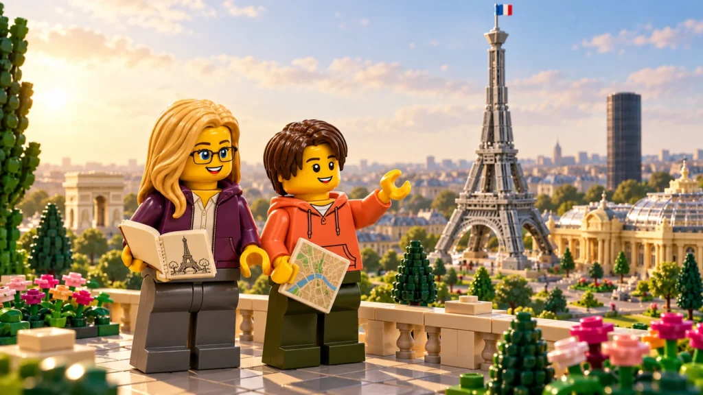 Promenade imaginaire à Paris : une adulte, en veste prune sur un haut ivoire et pantalon gris, tient un carnet ; un adolescent, en sweat à capuche corail et pantalon olive, tient une carte et lève une main en C devant la silhouette de la tour Eiffel.