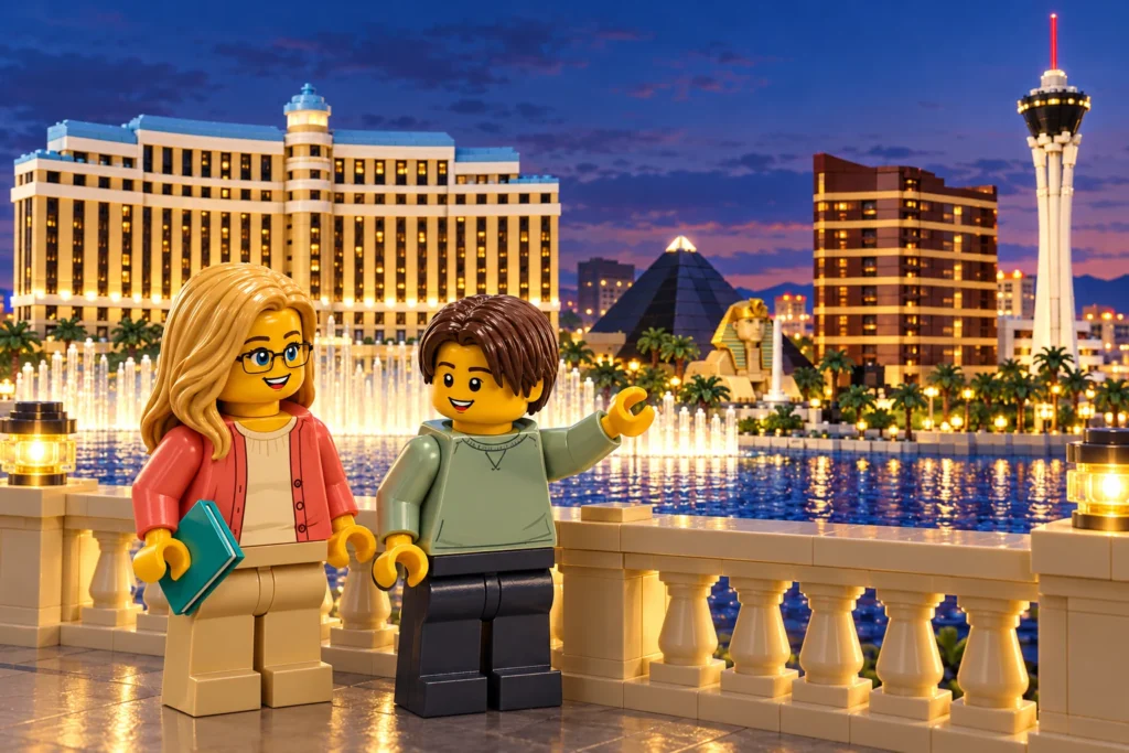 Promenade imaginaire à Las Vegas de nuit : une adulte, en cardigan corail sur un haut crème et pantalon tan, tient un carnet bleu-vert ; un adolescent, en sweat sauge et pantalon anthracite, lève une main en C devant la skyline.