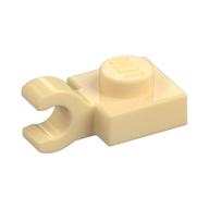 Plaque beige 1 × 1 prolongée par un clip horizontal ouvert, référence Rebrickable 61252 Tan RB 19 ; image élément 6347292, notice élément 4520947.