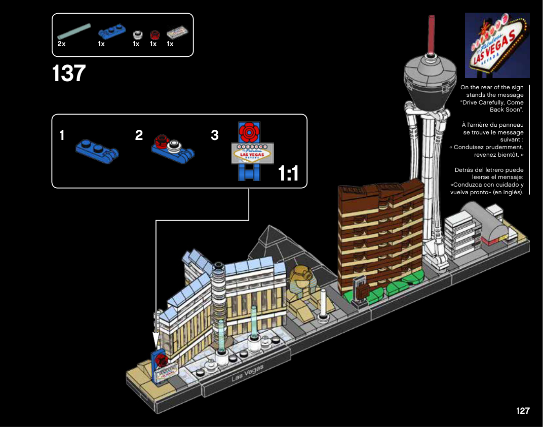 Notice Las Vegas 6254671 page 127, étape finale 137 : assemblage et pose de l’enseigne Welcome à l’avant gauche, avec les deux barres Trans-Light Blue ajoutées comme jets dans le bassin devant le Bellagio.