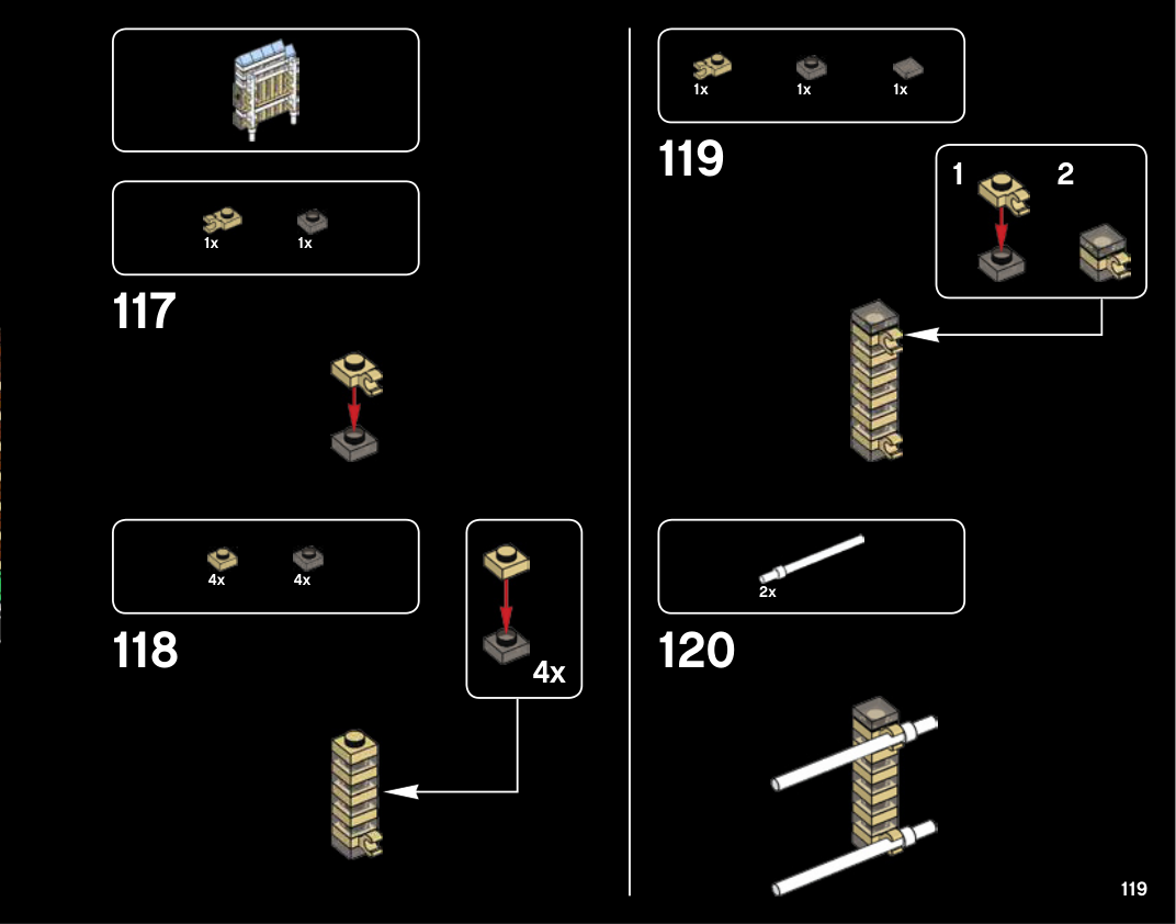 Notice Las Vegas 6254671 page 119, étapes 117–120 : une bande de façade alternant beige et brun transparent reçoit deux clips beiges, puis deux barres blanches horizontales dans la vue de travail.