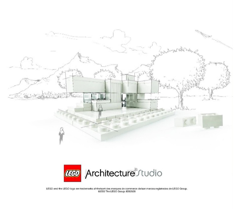 Verso du guide Architecture Studio reproduit par BrickInstructions : maquette blanche sur fond dessiné, logo et mentions ©2013 The LEGO Group et 6062928 en bas.