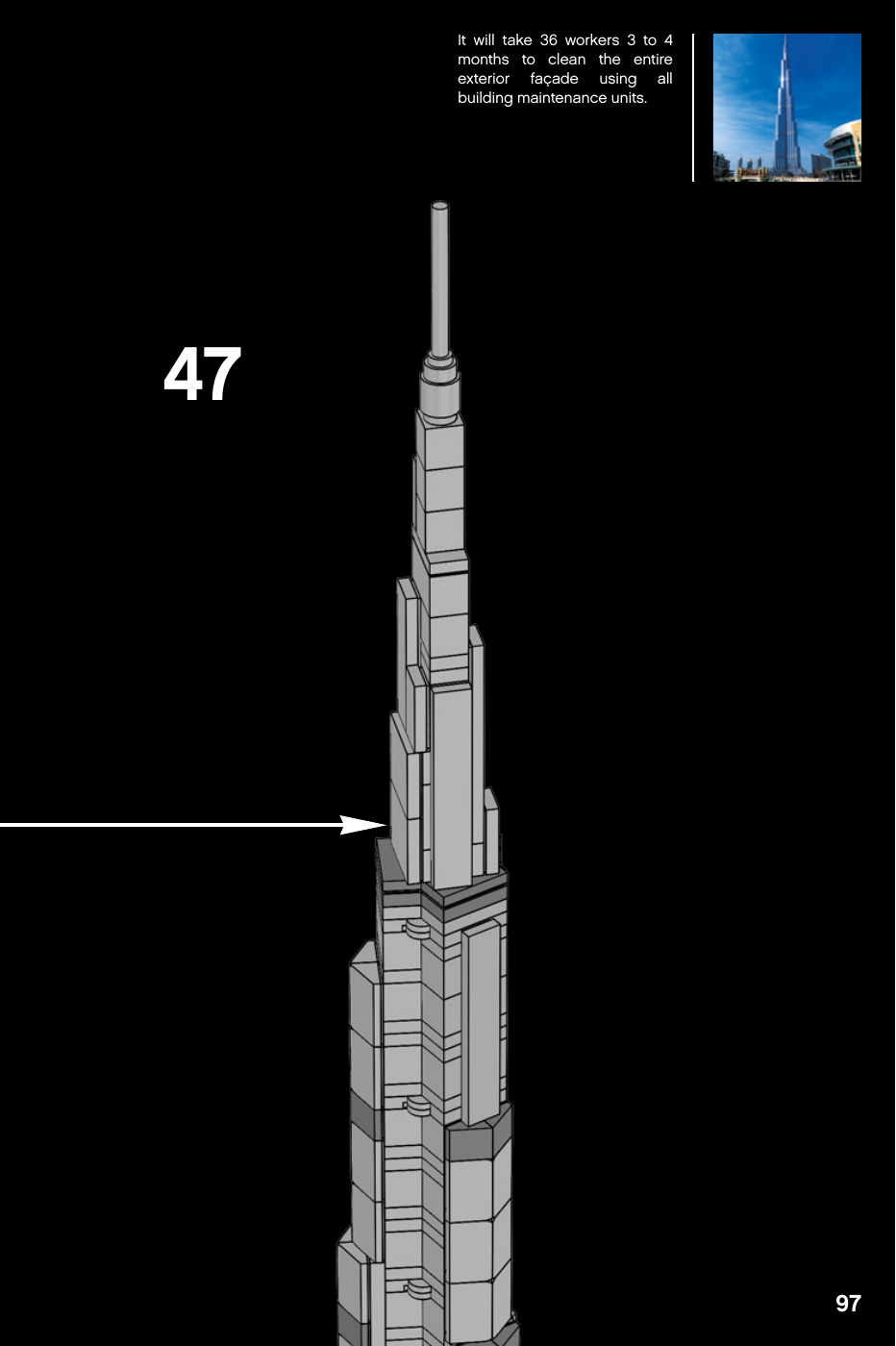 Notice LEGO 6313737 page 97, étape 47 : module supérieur effilé avec antenne grise raccordé à la tour, flèche de placement près de sa base et photo du monument en haut.