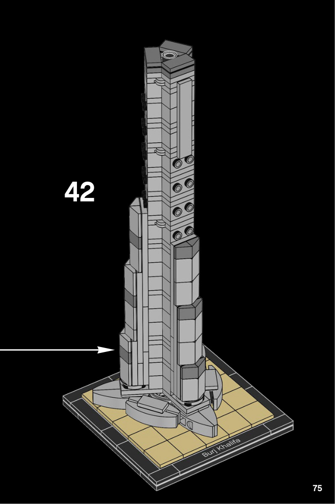Notice LEGO 6313737 page 75, étape 42 : flèche vers un panneau gris de façade posé sur le côté de la tour, avec des tenons du noyau encore visibles au-dessus.