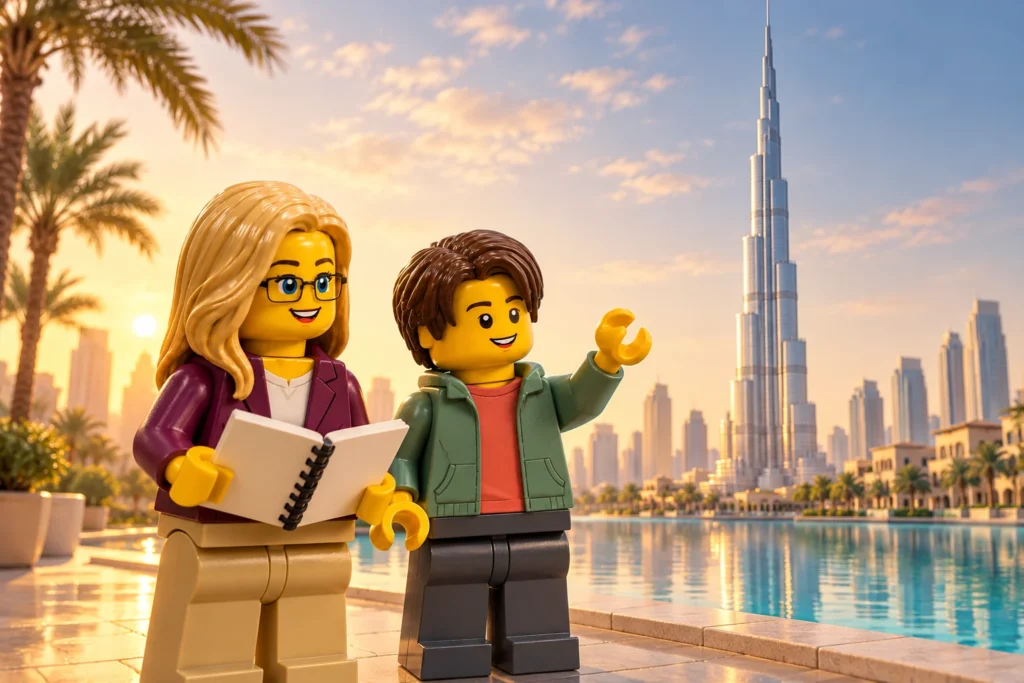 Une adulte en veste prune, blouse ivoire et pantalon beige tient un carnet ouvert ; un adolescent en veste sauge, haut corail et pantalon anthracite lève une main en C devant la tour dans une visite imaginaire de Dubaï.