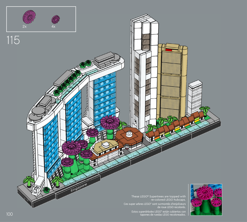 Notice LEGO 6400298 page 100, étape 115 : panorama Singapour complet avec six couronnes magenta sur les supports verts, encart indiquant deux grands et quatre petits enjoliveurs.