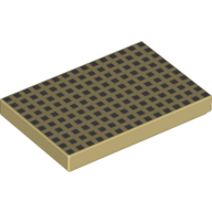 Visuel catalogue d’une tuile beige 2 × 3 imprimée de rangées de carrés gris foncé, référence Rebrickable 26603pr0066 Tan RB 19, élément LEGO 6378425.