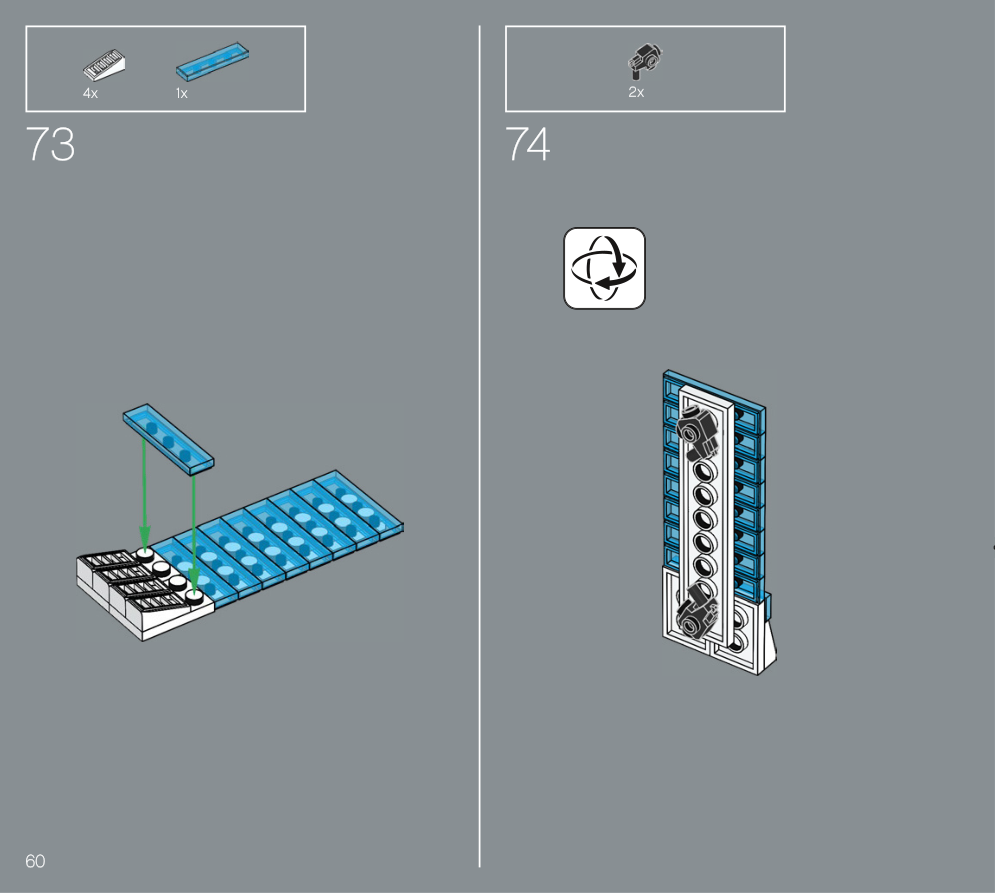 Notice LEGO 6400298 page 60 : étape 73 ajoutant une tuile bleue et quatre grilles au panneau posé à plat, puis étape 74 montrant son dos retourné et deux pièces de charnière.