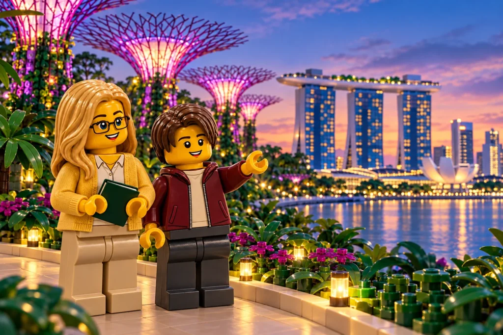 Une adulte en cardigan moutarde, blouse ivoire et pantalon beige tient un carnet vert fermé ; un adolescent en veste bordeaux sur un haut crème et pantalon anthracite lève une main en C dans des jardins imaginaires de Singapour au crépuscule.
