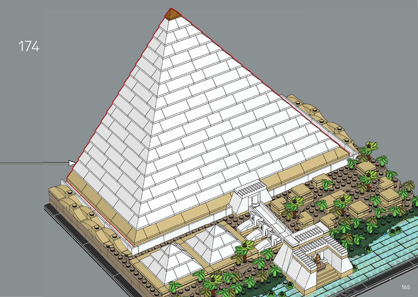 Notice LEGO 6590114 page 165, étape 174 : flèche de pose vers la coque blanche de demi-pyramide à pointe dorée sur le diorama, avec les temples, les petites pyramides et le Nil au premier plan.