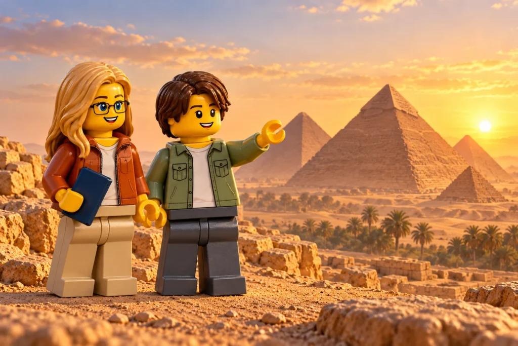 Une adulte en tenue terracotta sur un haut ivoire et pantalon sable tient un carnet bleu fermé ; un adolescent en tenue olive sur un haut blanc et pantalon gris lève une main en C devant des pyramides ocres dans une visite imaginaire à l’aube.
