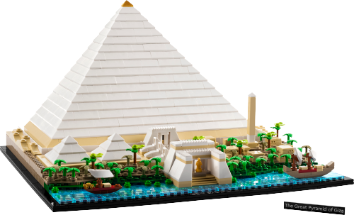 Visuel officiel du LEGO Gizeh 21058 : demi-pyramide blanche à sommet doré, deux petites pyramides, temples, végétation et obélisque devant une bande de Nil portant deux embarcations ; tuile anglaise présentée à côté.