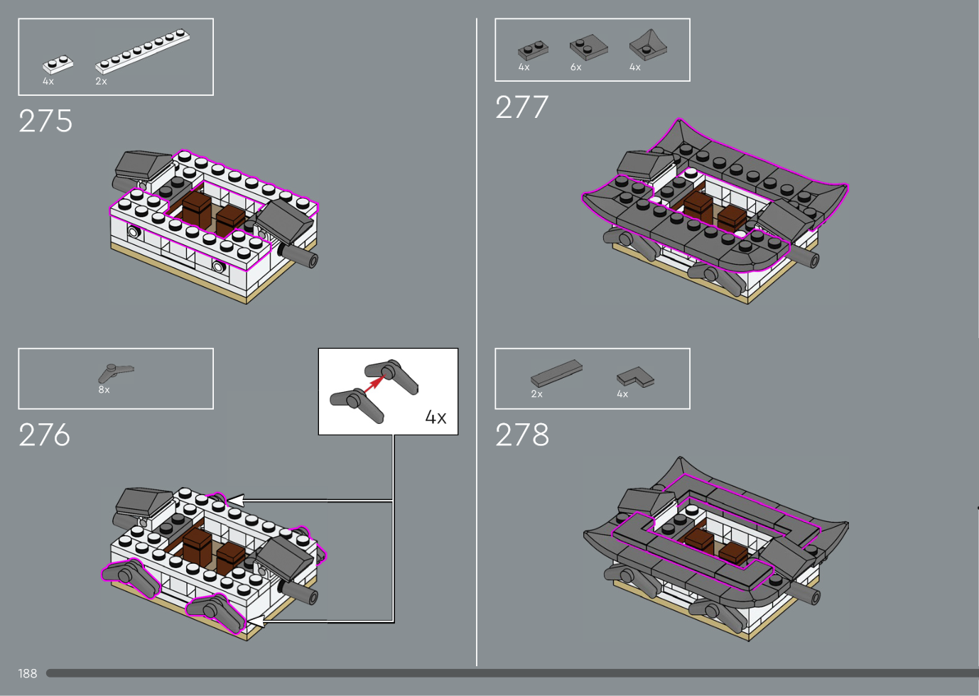 Notice LEGO 6474321 page 188, étapes 275 à 278 : module blanc ouvert, huit boomerangs gris foncé réunis en quatre paires, quatre coins de toiture courbes et tuiles de finition.